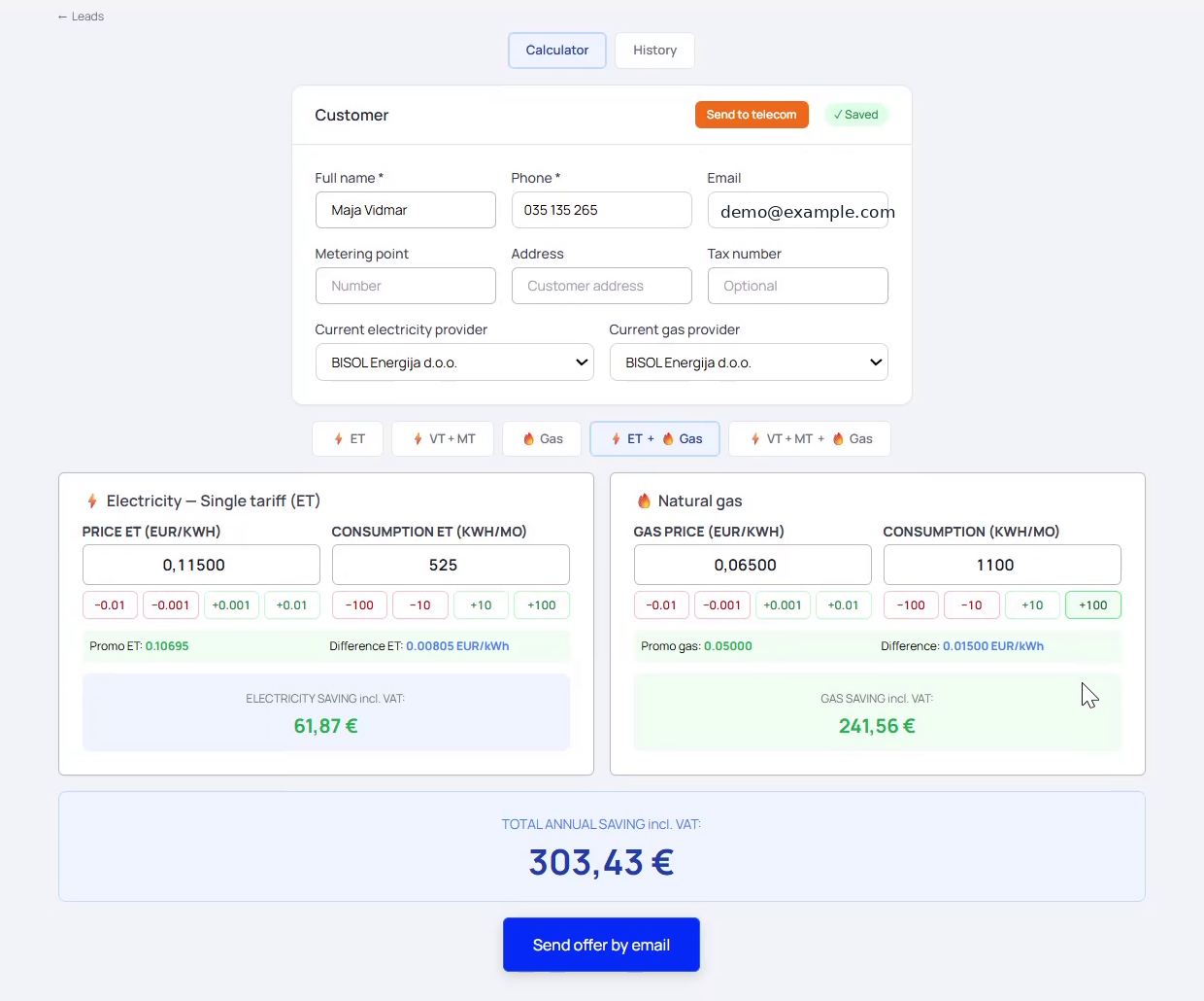 Energy calculator totalling a customer's yearly electricity and gas savings from switching provider.
