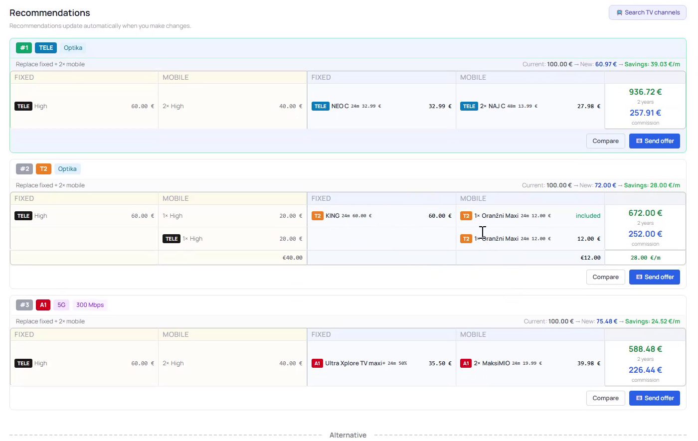 Three ranked supplier offers compared against the customer's current plan, each showing monthly and multi-year savings and the broker's commission.